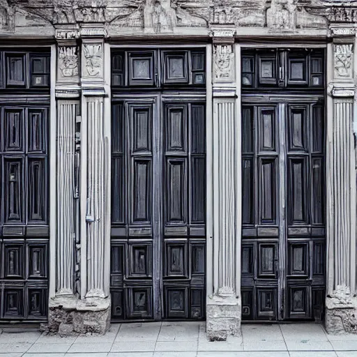 Prompt: hundred different makeshift doors combined on a building facade, ultra detailed, dslr, f 1 1, frontal view