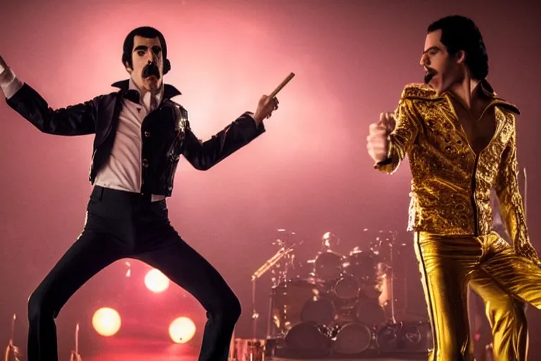 Image similar to promotional image of Sacha Baron Cohen as Freddie Mercury in 'Bohemian Rhapsody' (2018) directed by Dexter Fletcher, detailed face, movie still frame, promotional image, imax 70 mm footage