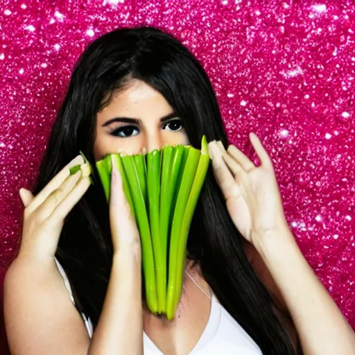 Prompt: photo of human celery as selena gomez