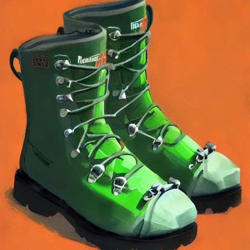 Image similar to water resistant green hiking boots, by Craig mullins, Steve Purcell, Ralph McQuarrie. Design. Fashion. Trending on artstation. Centered image, no background