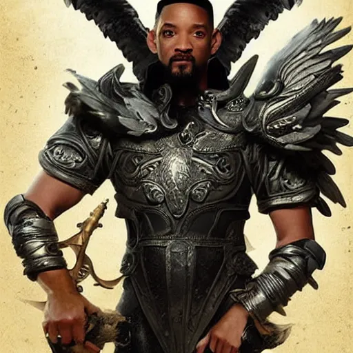 Image similar to will smith dressed as a gladiator and with angel wings fights against demons, matte painting, bold shapes, hard edges, street art, trending on artstation, by huang guangjian and gil elvgren and sachin teng