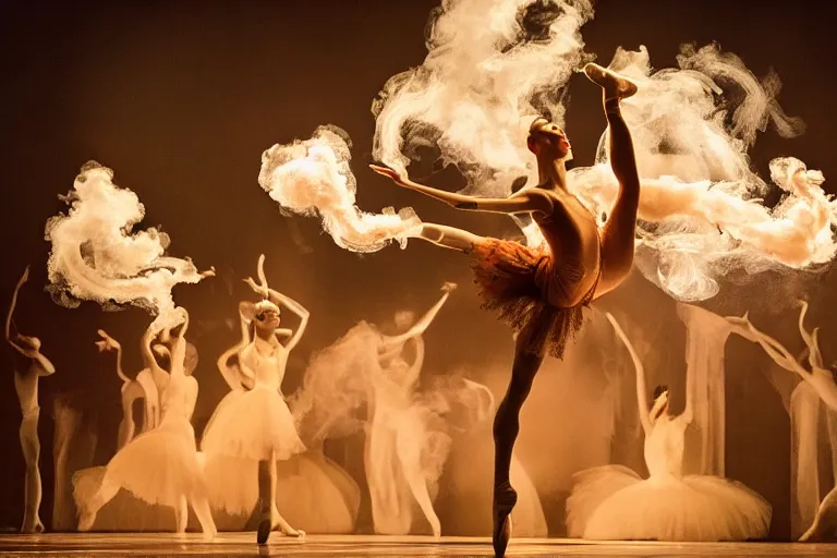 Image similar to playbill of prima ballerina, stage lighting, low angle, oriental scene, hyper realistic, smooth, focus, radiant, dramatic lighting, swirling smoke, low fog, golden hour, intricate, highly detailed, perfect face