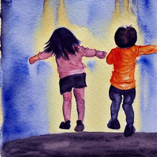 Image similar to kids playing the game the floor is lava, watercolour