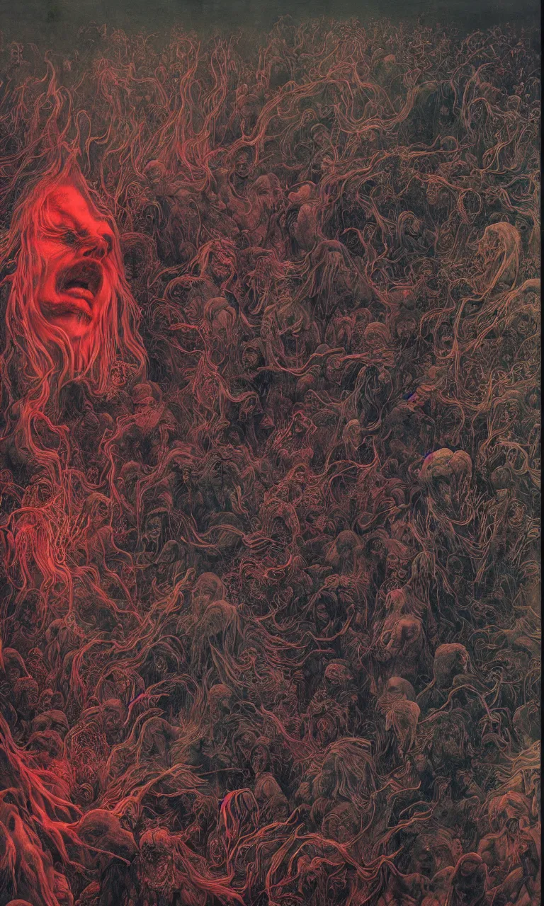 Image similar to zhongyuan festival, chinese ghost festival, king of hell, inside page of comic book, psychedelic lights and fog, in the style of zdzislaw beksinski, ayami kojima, takato yamamoto, barclay shaw, karol bak, glowing light and shadow, hyperrealist