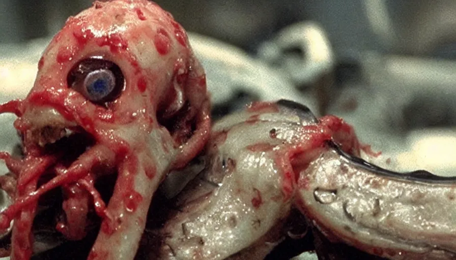 Image similar to Big budget horror movie, a squid bloodily rips out a cyborg's intestines