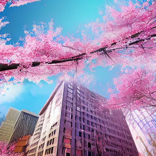 Image similar to cherry blossoms wrapping around a tall sky rise building in an abandoned city, digital art highly detailed, award winning