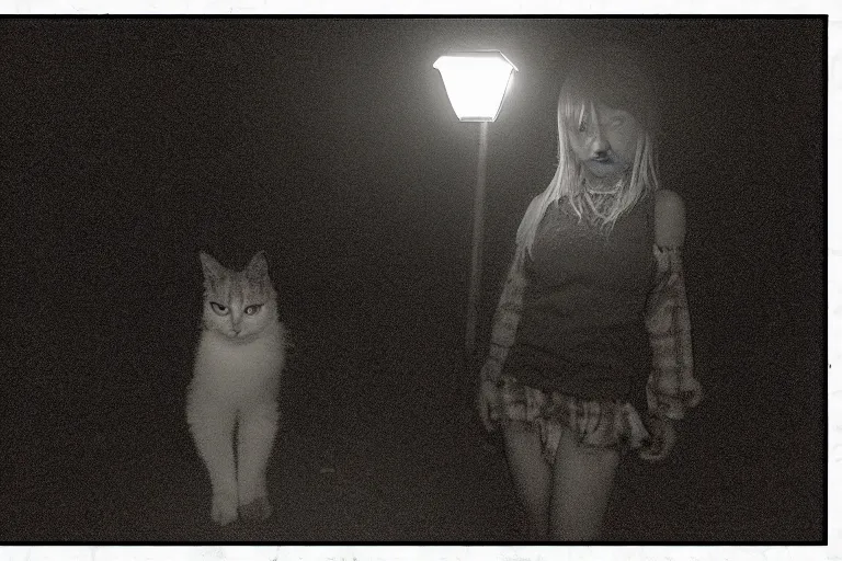 Image similar to anime catgirl caught on trailcam at midnight, low light photograph