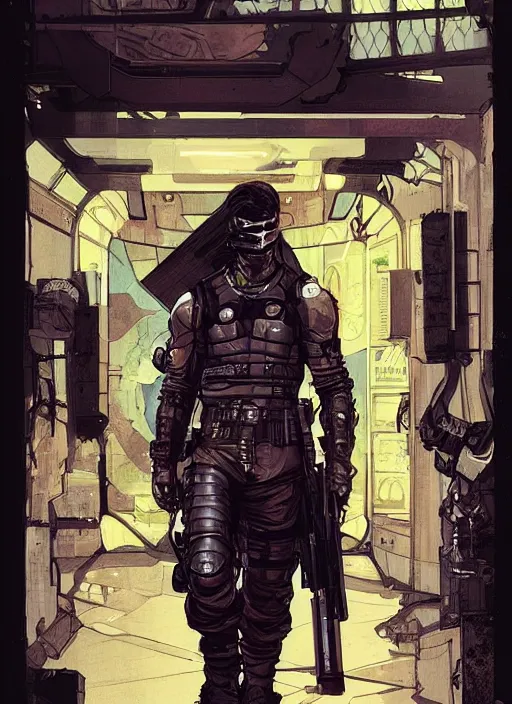 Image similar to cyberpunk ninja dude. portrait by ashley wood and alphonse mucha and laurie greasley and josan gonzalez and james gurney. splinter cell, apex legends, rb 6 s, hl 2, d & d, cyberpunk 2 0 7 7. realistic face. character clothing. vivid color. dystopian setting.