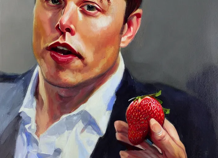 Image similar to a highly detailed beautiful portrait of elon musk with an strawberry, by gregory manchess, james gurney, james jean