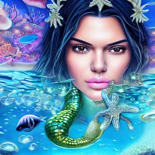 Image similar to kendall jenner portrait, fantasy, mermaid, hyperrealistic, game character, underwater, highly detailed, sharp focus, cinematic lighting, pearls, glowing hair, shells, gills, crown, water, highlights, starfish, jewelry, realistic, digital art, pastel, magic, fiction, ocean, king, colorful hair, sparkly eyes, fish, heroic, goddess, waves, bubbles, queen