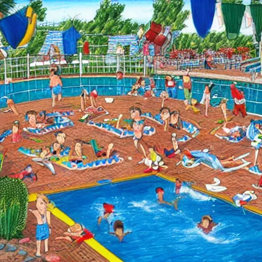 Prompt: where's wally book page highly detailed, swimming pool setting