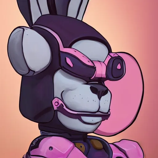 Image similar to cartoony, happy Joe Rogan portrait painting of a rabbit character from overwatch, armor, girly pink color scheme design, full shot, asymmetrical, splashscreen, Organic Painting, sunny day, Matte Painting, bold shapes, hard edges, cybernetic, moon in background, street art, trending on artstation, by Huang Guangjian and Gil Elvgren and Sachin Teng