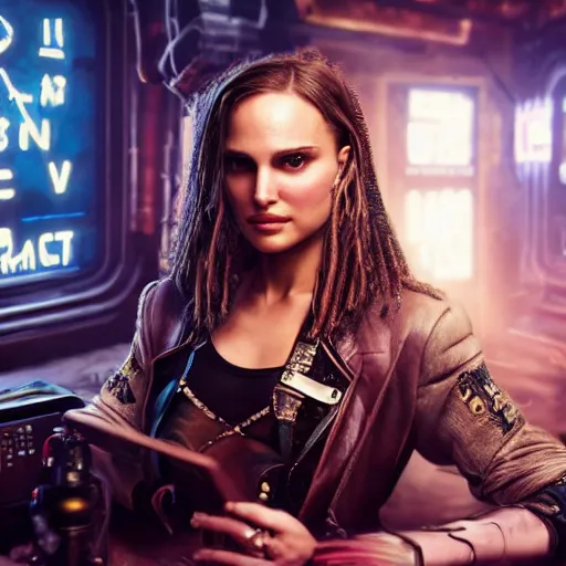 Image similar to a high quality portrait of natalie portman as a pirate in a cyberpunk cyberpunk cyberpunk cafe, realism, 8k, award winning photo