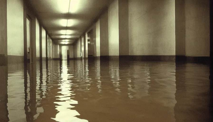 Image similar to 7 0 s movie still of an empty soviet stalinist style hallway flooded in water, eastmancolor, heavy grain, high quality, high detail