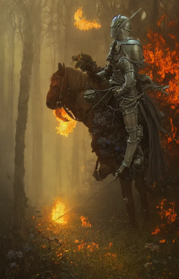 Image similar to portrait of a knight among flowers in dark forest, surrounded by fire and smoke, moody, rim light, dynamic lighting, cinematic shot, gritty, ultra - detail, renderman, physically based render, jean delville, gustave dore and marco mazzoni