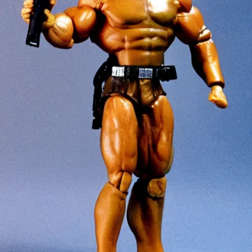 Image similar to a 12 inch action figure of Arnold Schwarzenegger from Commando. Big muscles. Holding an automatic rifle in his hands. Plastic shiny. Full body