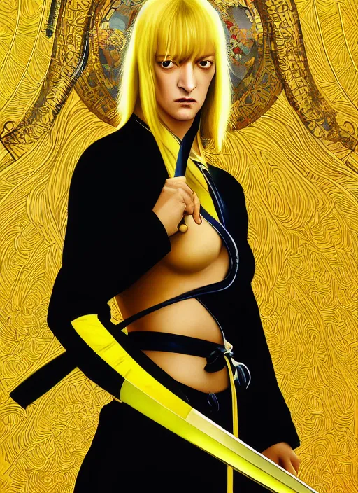 Image similar to uma thurman in kill bill, majestic sword warrior, rococo and art nouveau fusion, swinging reflective katana, yellow jumpsuit with black stripe, highly detailed, deep focus, elegant, digital painting, smooth, sharp focus, illustration, ultra realistic, japanese art by artgerm and alphonse mucha