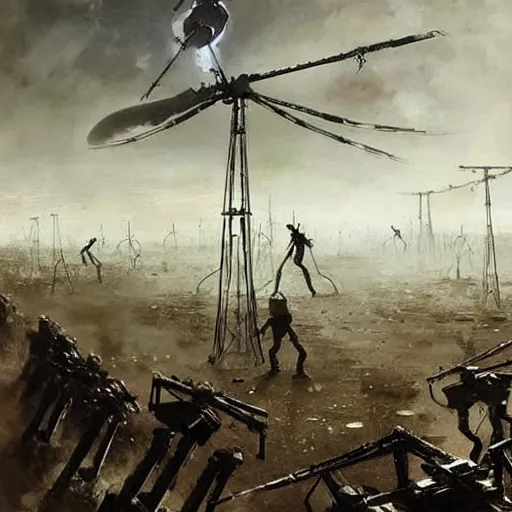 Prompt: war of the worlds, martian tripods attack london, human soldiers try to counter - attack, intense fighting, dital painting, very detailed, art by jakub rozalski