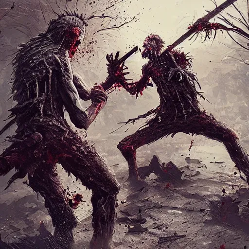 Image similar to two angry zombie men attacking each other, intricate, art by greg rutkowski, high detailed, 4 k,