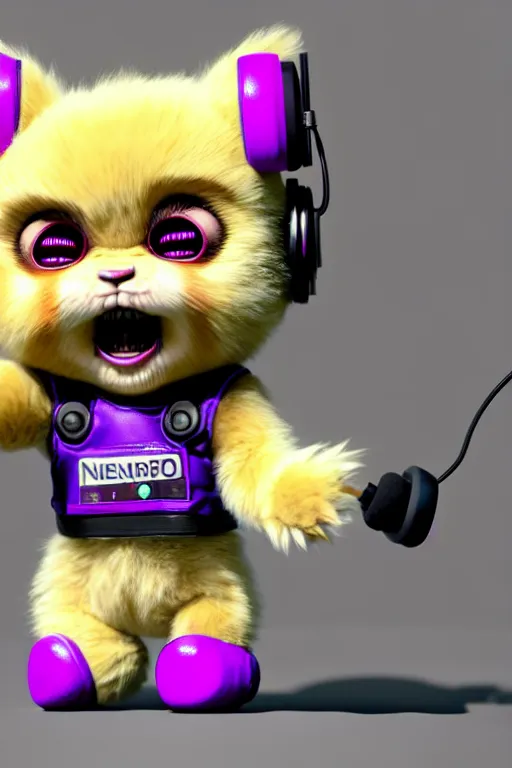 Prompt: high quality 3 d render neo - cyberpunk very cute fluffy! screaming chucky doll!! cyborg with headphones, mechanical paw, highly detailed, unreal engine cinematic smooth, in the style of detective pikachu, hannah yata charlie immer, neon purple light, low angle, uhd 8 k, sharp focus