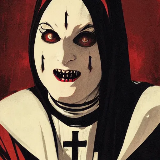 Image similar to scary female vampire nun, symmetrical face, evil grin, nun outfit, portrait size, cinematic, dramatic, super detailed and intricate, by koson ohara, by darwyn cooke, by greg rutkowski, by satoshi kon