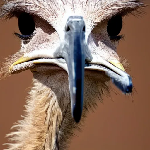 Image similar to ostrich with the head of a hawk, real photo, highly detailed