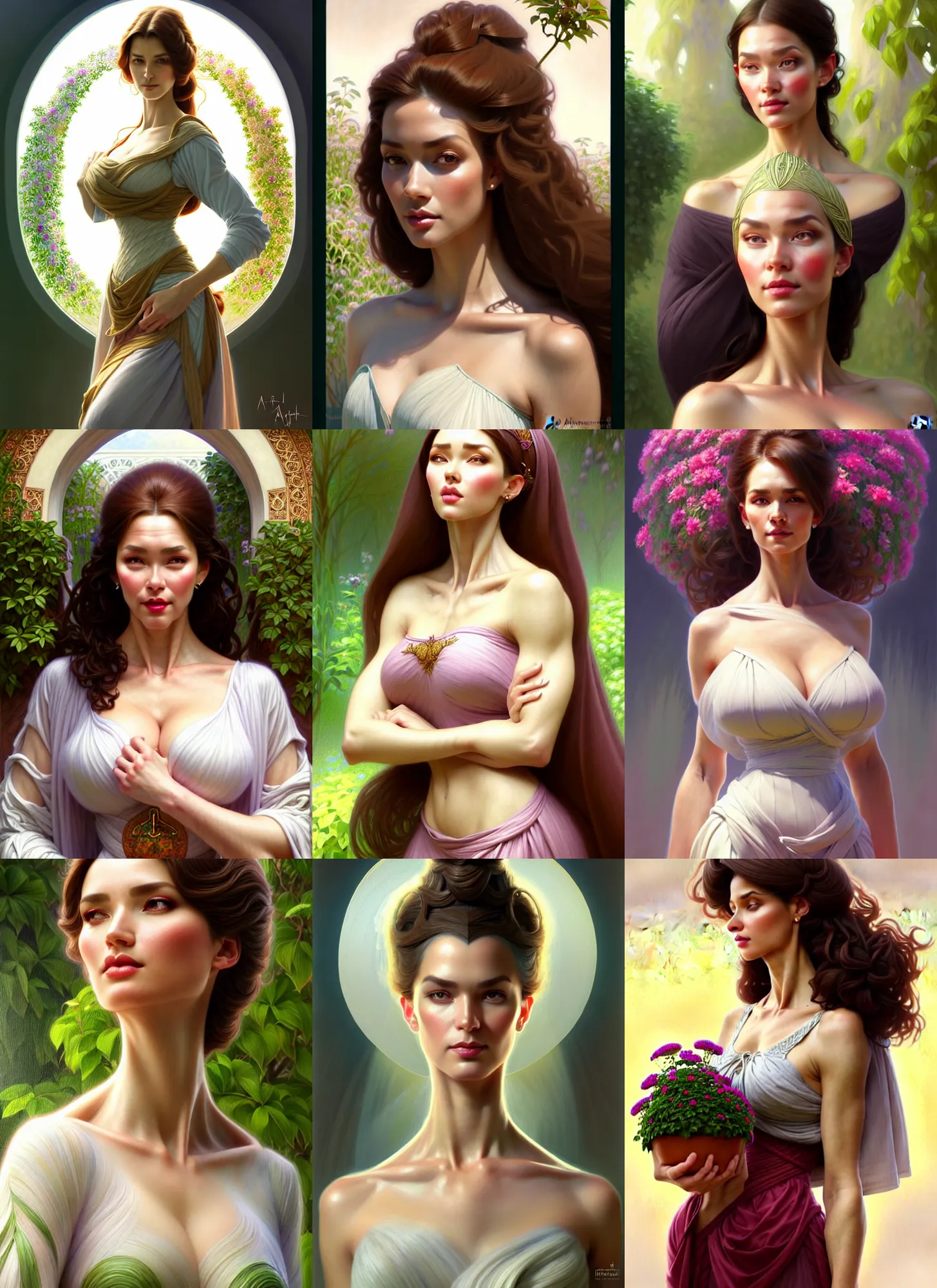 Prompt: character concept portrait of me as modest wife blessed by god to grow ever - more intelligent beautiful voluminous muscular tall and healthy. modestly clothed, in garden, intricate, elegant, highly detailed, digital painting, artstation, concept art, symmetry, smooth, sharp focus, illustration, art by artgerm and rutkowski and mucha