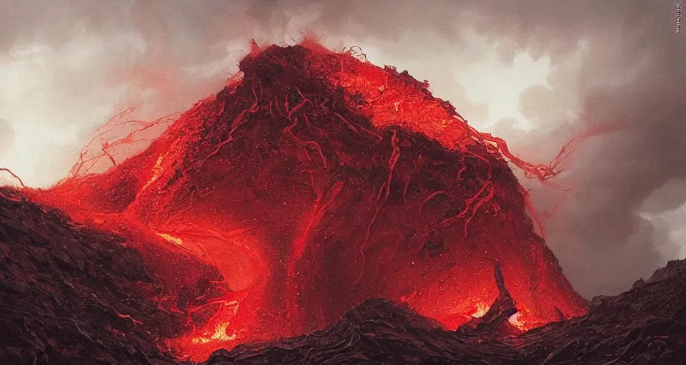 Image similar to a volcano made of ivory vines and crimson rocks enters in eruption, it spits a smoke in the shape of demonic eye, by JAKUB ROZALSKI