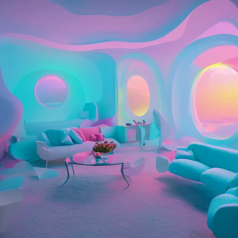 Prompt: photo by josh pierce and prateek vatash and roman bratschi, inside a smooth sleek soft dreamscape made out of colorful pastel soft foam, jewel tone furniture, arched window showing the ocean, pastel colors, sunset, cinema 4 d, 4 k, ray tracing reflections, volumetric lighting and shadows, haze, light beams