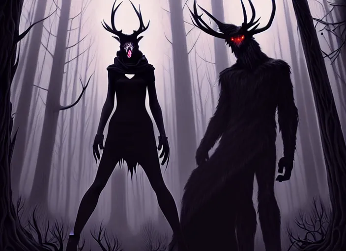 Image similar to style artgerm, joshua middleton, diego fazio, gerald brom : : scary wendigo with antlers and skull face mixed with werewolf : : [ beautiful witch wearing a black dress, symmetrical face, on the right side ] : : in the forest, detailed, dark and foggy, cinematic lighting