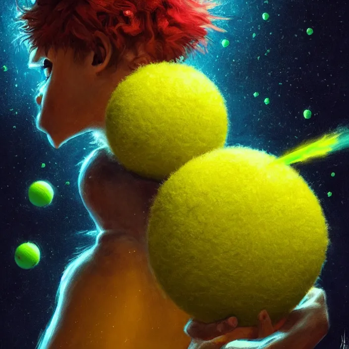 Prompt: cinematic portrait of a cute tennis ball monster in the abyss of space, chalk, masterpiece, trending on artstation, featured on pixiv, cinematic composition, dramatic pose, beautiful lighting, sharp details, hyper-detailed, HD, HDR, 4K, 8K, art by Basil Gogos