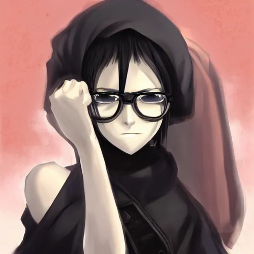 Prompt: a portrait of an tall anime girl with muscular arms, strong jaw, pretty face, a big grin. brown skin. black sunglasses. black cloak and a plain black shirt and trousers. art made by Akihiko Yoshida in the style of Bravely Default II, highly detailed, trending on art station, fantasy themed,