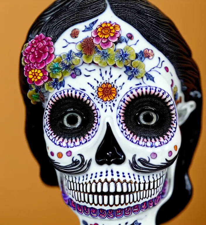 Image similar to La Catrina pretty face, A Close up photo-real delicate ceramic porcelain sculpture of a symmetrical ornate detailed in front of an intricate background by Victo Ngai and takato yamamoto, micro detail, backlit lighting, face in focus, subsurface scattering, translucent, thin porcelain, octane renderer, colorful, physically based rendering, japanese pottery, trending on cgsociety