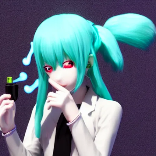 Image similar to hatsune miku high on weed with bloodshot baggy eyes smoking with a vape pen, 3 d render, 4 k