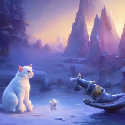 Prompt: jaina proudmoore pets a white kitty, world of warcraft, digital art, dmitry prozorov style, artstation, rhads and greg rutkowski and james gurney, extremely detailed, volumetric lighting, ultra quality, 8 k, sharp focus, ray tracing