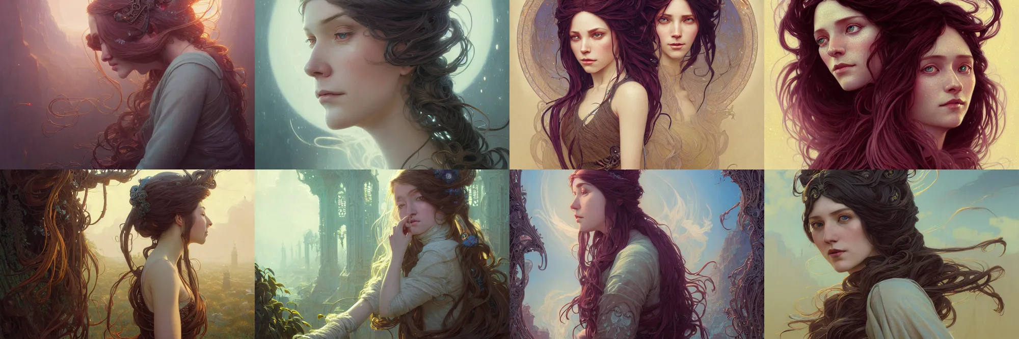 Image similar to highly detailed portrait of a woman with long hairs, stephen bliss, unreal engine, fantasy art by greg rutkowski, art nouveau, loish, rhads, ferdinand knab, makoto shinkai and lois van baarle, ilya kuvshinov, rossdraws, tom bagshaw, alphonse mucha, global illumination, radiant light, detailed and intricate environment