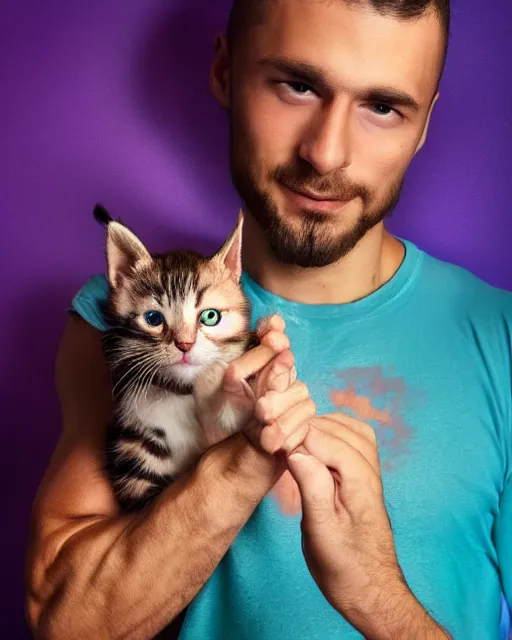 Prompt: muscular man holding a kitten in his hand, vaperwave background, color studio portrait, golden ratio, backlit, detailed eyes