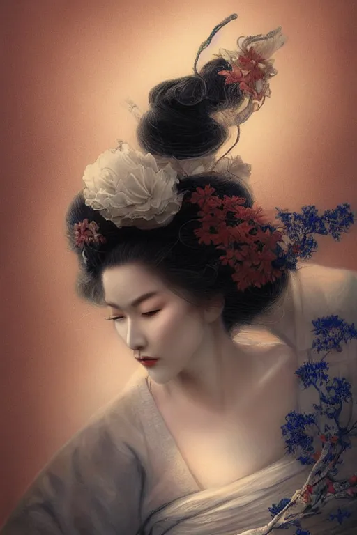 Image similar to geisha dancing in the wind, beautiful face, ethereal, gorgeous, volumetric lighting, elegant, fluid, highly detailed, digital painting, concept art, highly detailed, smooth, illustration, limited color palette, atmosphere and tension, art by greg olsen and liz lemon swindle