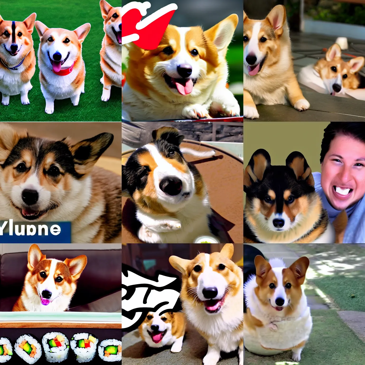 Prompt: YouTubeThumbnail for a video about corgis in california roll sushi kennels