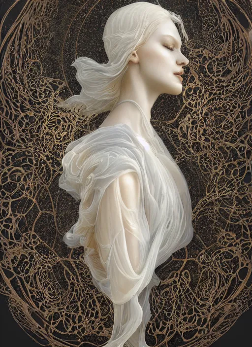 Image similar to opalescent marble sculpture of beautiful woman dissolving into shimmering dust, diaphanous, ivory carving, pearlescent, caustics, fractal paisley inlay, lace, intricate, elegant, highly detailed, smooth, sharp focus, mucha, digital photography, by ruan jia and greg rutkowski