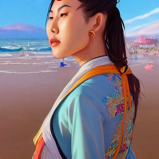 Image similar to asian sun goddess wearing modern clothing, portrait,! sundress!,! high ponytail!, slice of life, modern instagram influencer, beach and ocean in the background, highly detailed, digital painting, artstation, concept art, sharp focus, illustration, cinematic lighting, art by artgerm and greg rutkowski and alphonse mucha