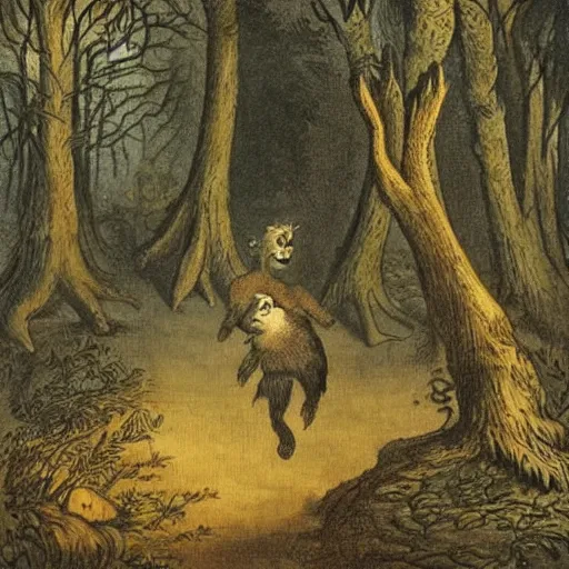 Prompt: a monster with head of a human and body of a dog running through the forest, trees looking like pommes