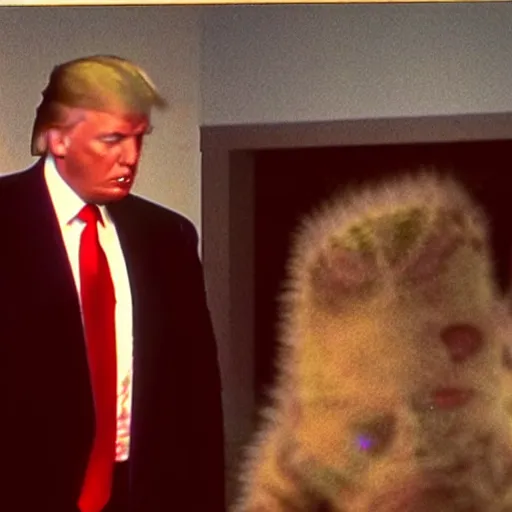 Prompt: A old and very blurry and grainy ominous screen footage of Donald Trump with an alien