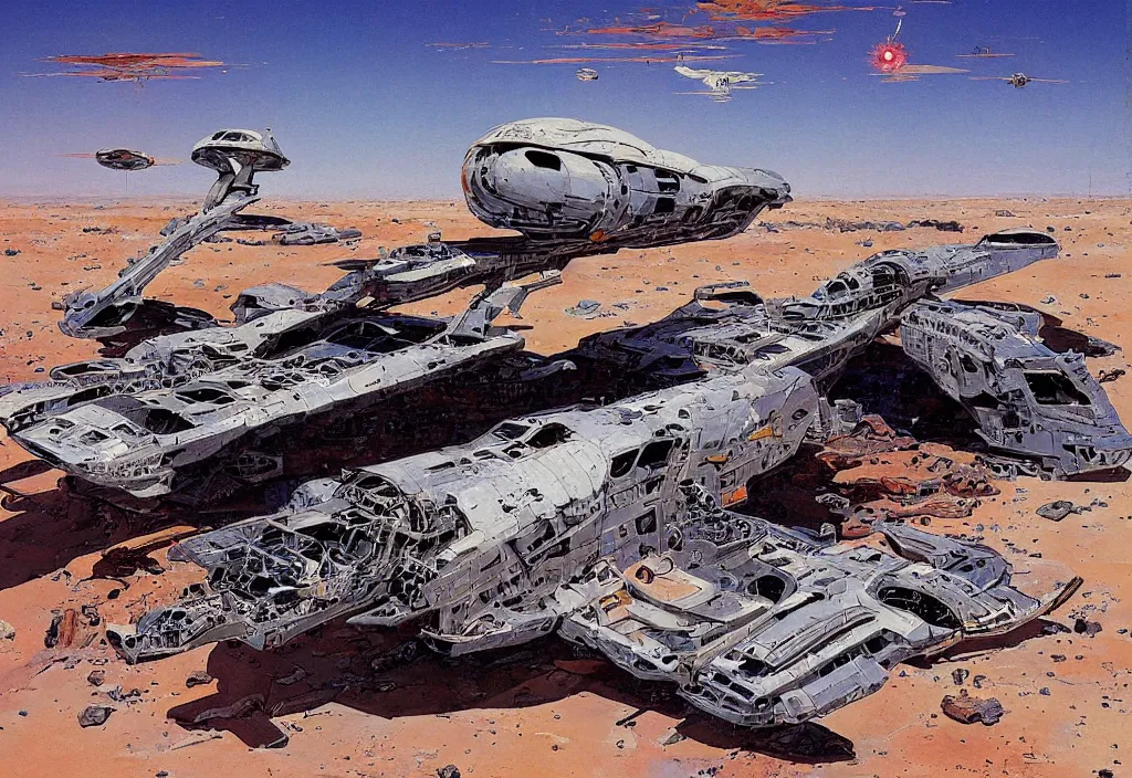 Image similar to remains of a spaceship in a desert by robert mccall