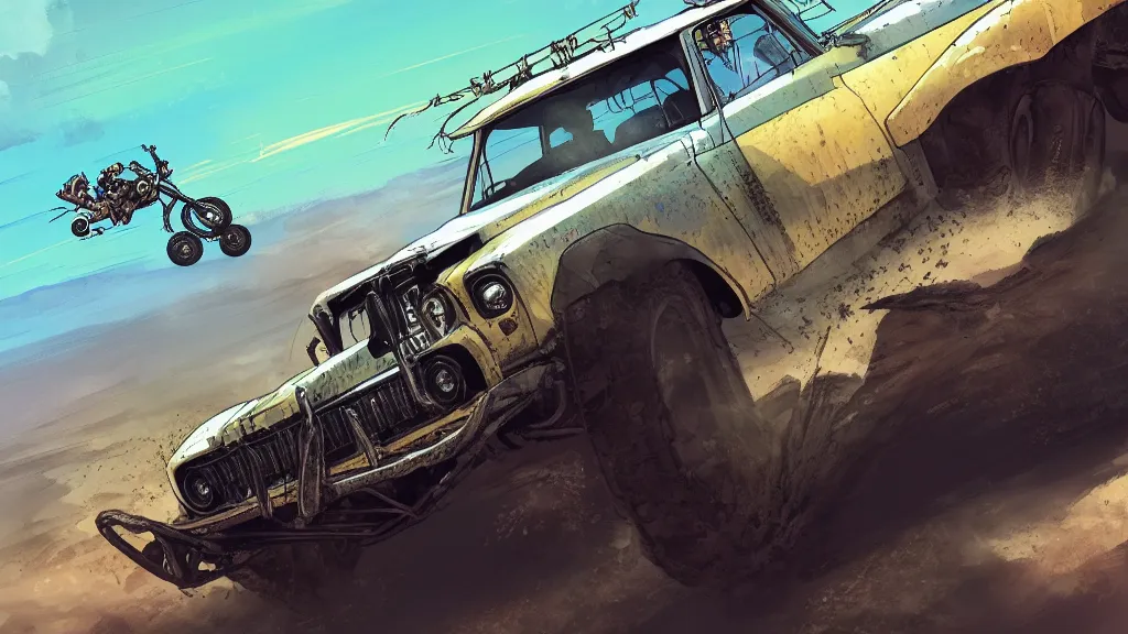 Image similar to digital illustration of mad max's fj 4 0 pursuit special riding fury road eternal shiny and chrome, the last v 8 interceptor driving down to the gates of valhalla highway in the middle of the day, anime style, year 2 0 9 3, by makoto shinkai, ilya kuvshinov, lois van baarle, rossdraws, basquiat