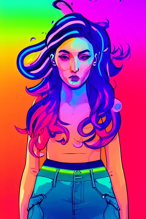 Image similar to a award winning half body portrait of a beautiful woman with stunning eyes in a croptop and cargo pants with rainbow colored ombre hairstyle head in motion and hair flying by josan gonzales, neon outlines, outrun, vaporware, shaded flat illustration, digital art, trending on artstation, highly detailed, fine detail, intricate