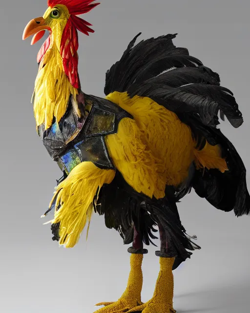 Image similar to maquette sculpture of a 7 foot tall giant chicken like prehistoric bird with iridescent feathers and wearing a yellow raincoat and gas mask. hyperreal