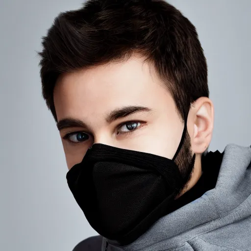 Image similar to a full body shot of an attractive man in a hoodie, covering his face with a black aesthetic mask