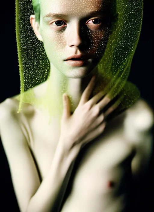 Image similar to Kodak Portra 400, highly detailed, britt marling style 3/4 , fine art portrait photography by Paolo Roversi, face and body merging with luminescent jellyfishes filaments, symbolic metamorphosis complex 3d render , 150 mm lens, bust with intricate filaments details, elegant, hyper realistic, ultra detailed, octane render, underwater soft colours, emotionally evoking, head in focus, fantasy, elegant, soft light, volumetric lighting, highly detailed, 8K, soft light, volumetric lighting, Refined, Highly Detailed, soft lighting colors scheme, fine art photography, Hyper realistic, photo realistic