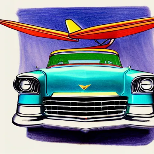 Image similar to a color pencil product design drawing of a 5 0 s flying cadillac car with plane wings